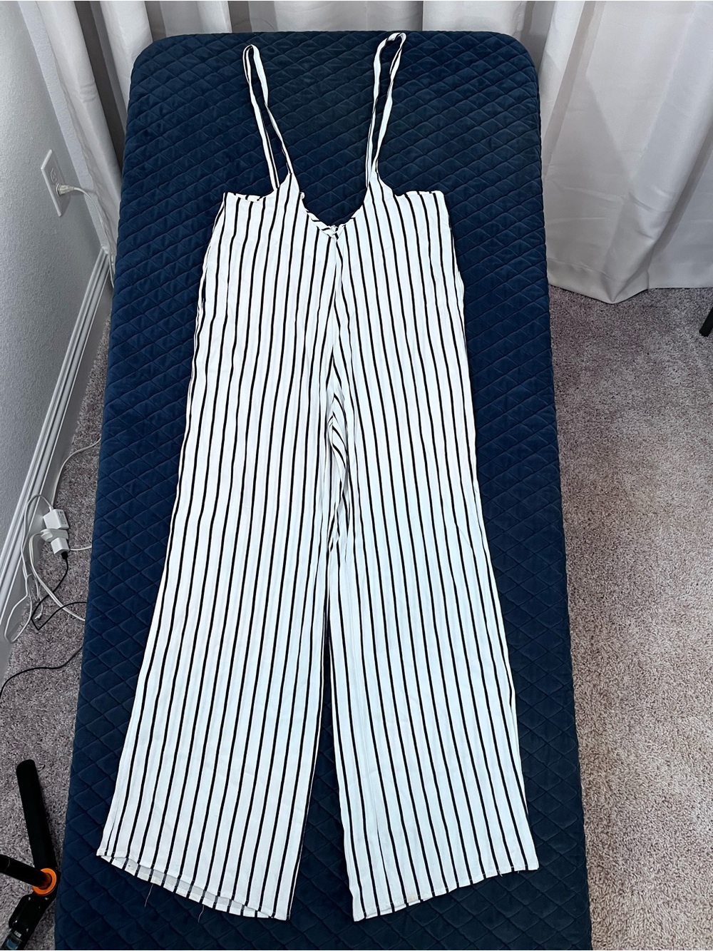mahina White Jumpsuit w/ Dark Navy Vertical Stripes - Lightweight Comfortable